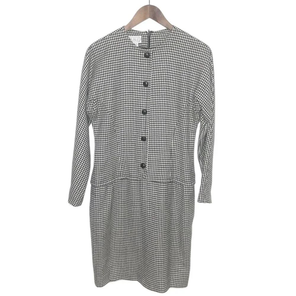 Carlisle Houndstooth Print Long Sleeve Crew Neck Midi Dress Wool Size 8